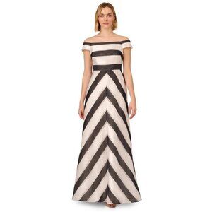 Adrianna Papell Size 8 Off Shoulder Black White Stripe Organza Ball Gown NEW